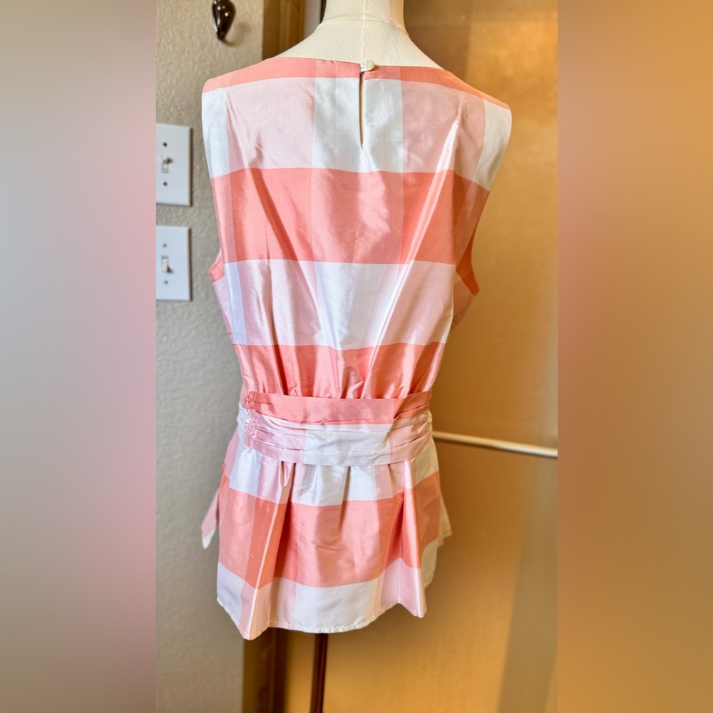 SARA CAMPBELL Silk Peach Plaid Bow Sash Tie Waist Sleeveless Blouse Fully Lined - Picture 7 of 16